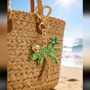Tropical Palm Tree Keychain Bag Charm with Gold Accents